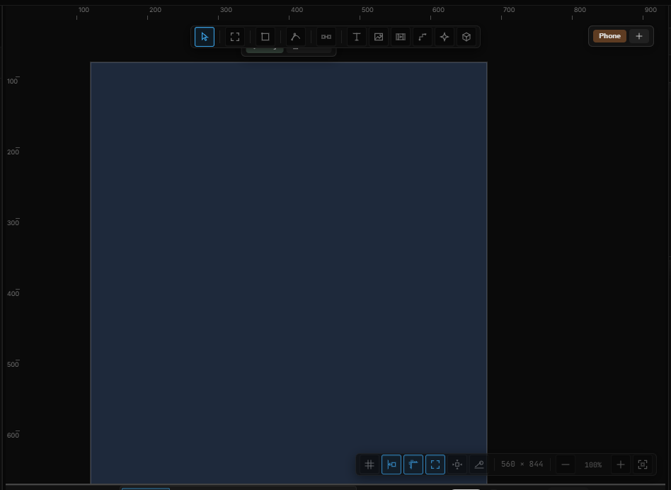 Previewing an artboard at 560 × 844 while a right-pinned button follows its edge; the Phone chip is active