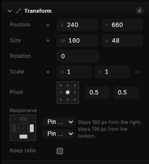 The Responsive section: the pin box with the right and bottom edges lit, two mode pickers reading Pin right and Pin bottom, and the sentence below