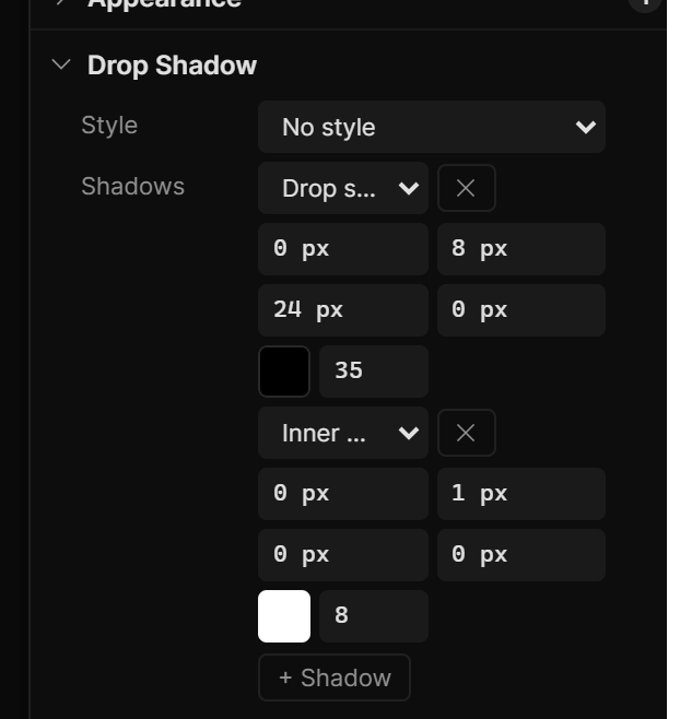 A card with a soft drop shadow and a subtle inner shadow; the Shadows list shows both