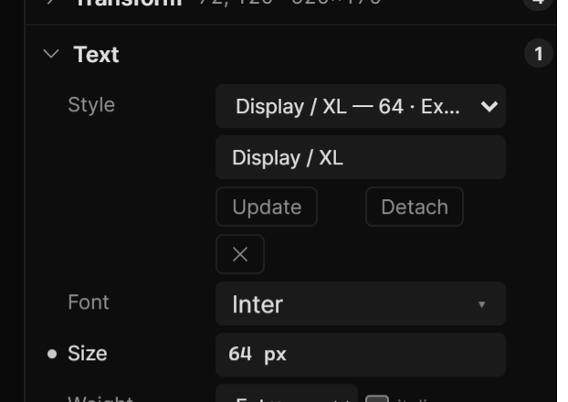 A heading linked to the text style Display / XL: the Style row, its name field, and Update, Detach and ✕