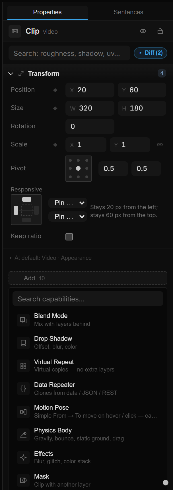 The Video section: the source with a ▶ button, Convert to sequence, Time (s) and Speed, and ▸ More