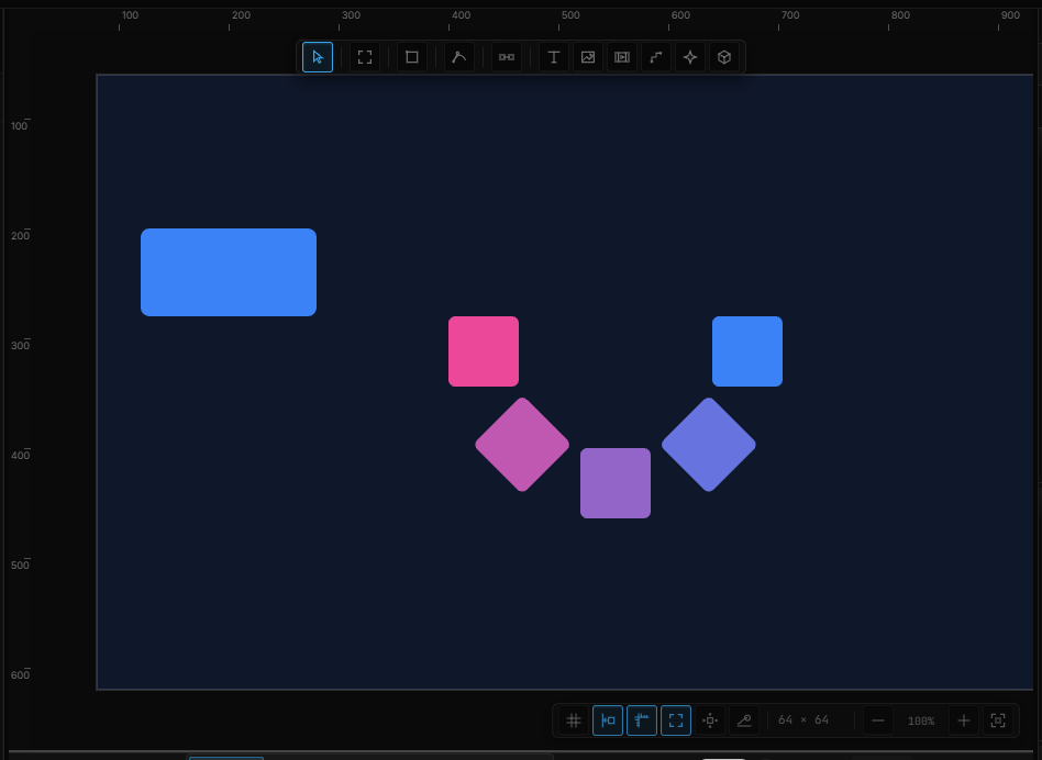 A fan of five rectangles: Radial, Rotate w/ Arc on, Rotation Δ 0, Color Gradient from blue to pink