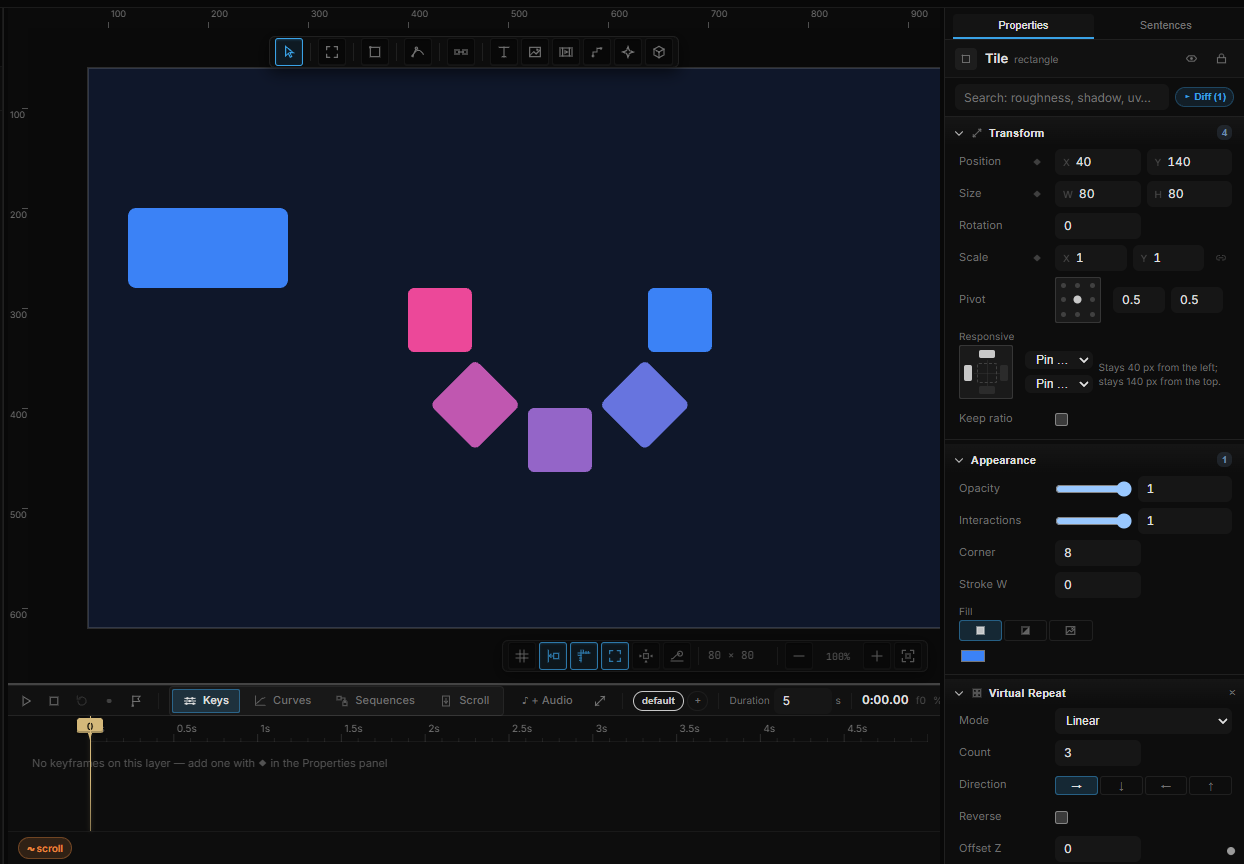 The Virtual Repeat section on a rectangle: Mode Linear, Count 3, Direction right, Offset 40 · 0