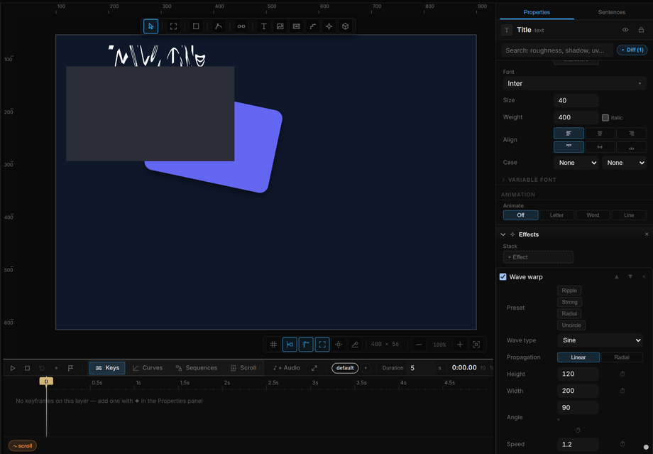 Adding Wave warp to a text layer: the catalog opens, the effect is picked, the text warps, then the Ripple preset softens it