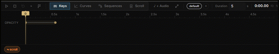 Two keyframes on the Glitch · Amount lane: 0 at 0s, 0.1 at 0.5s, 0 at 1s; the text glitches once as the playhead sweeps