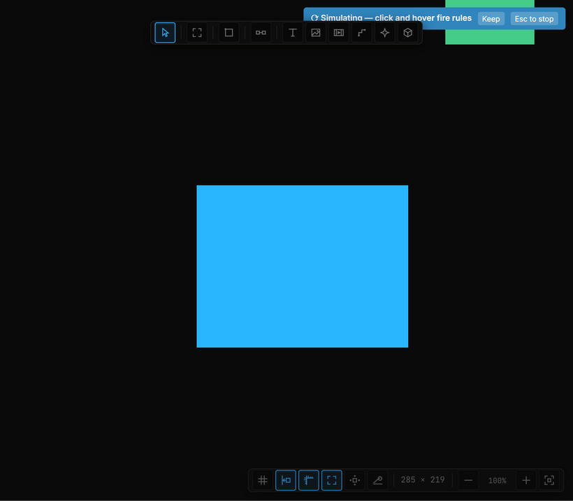 In Simulate, the pointer sweeps across the canvas; the card grows while hovered and settles back when the pointer leaves