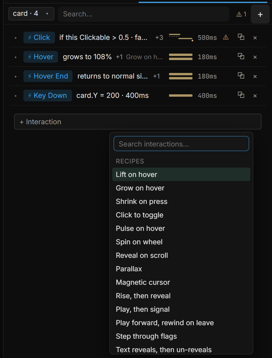 The + menu open under the list: a search field and the Recipes group — Lift on hover, Grow on hover, Shrink on press and the rest