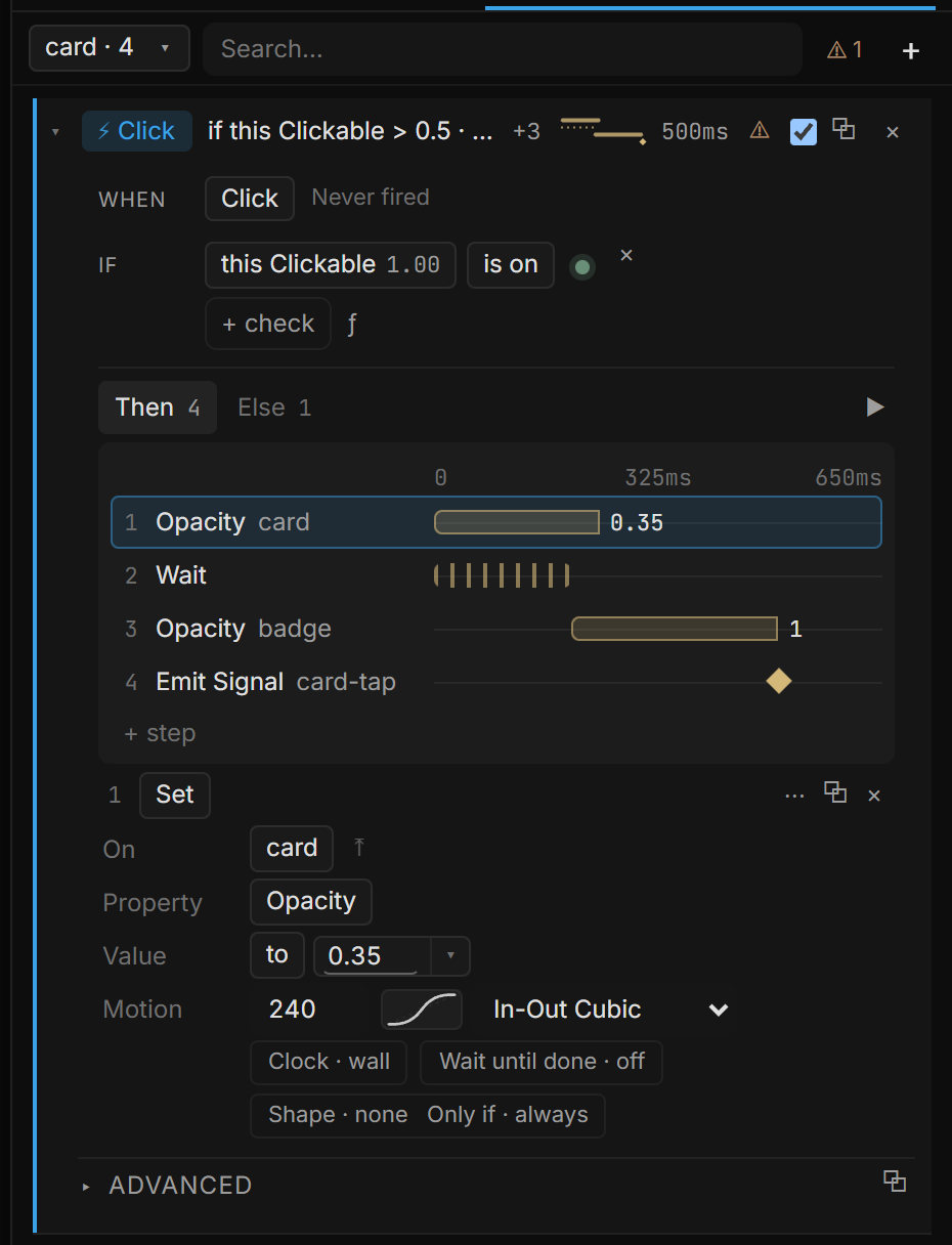 An open Click rule: WHEN Click (Never fired), IF this Clickable is on with a green light, the Then / Else tabs and ▶, a four-step timeline, and the settings of the selected step below