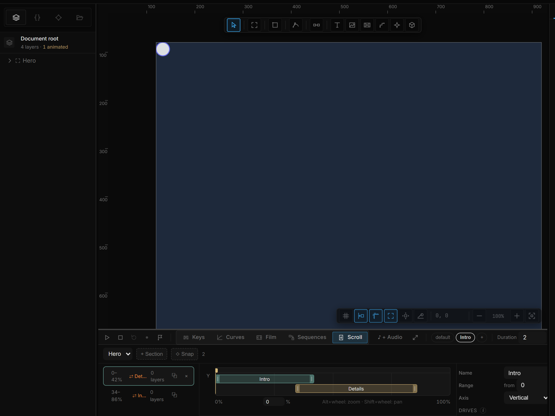 The Scroll tab: an artboard picker, + Section, the 0–100% track with two overlapping bands, a section list, and the detail pane