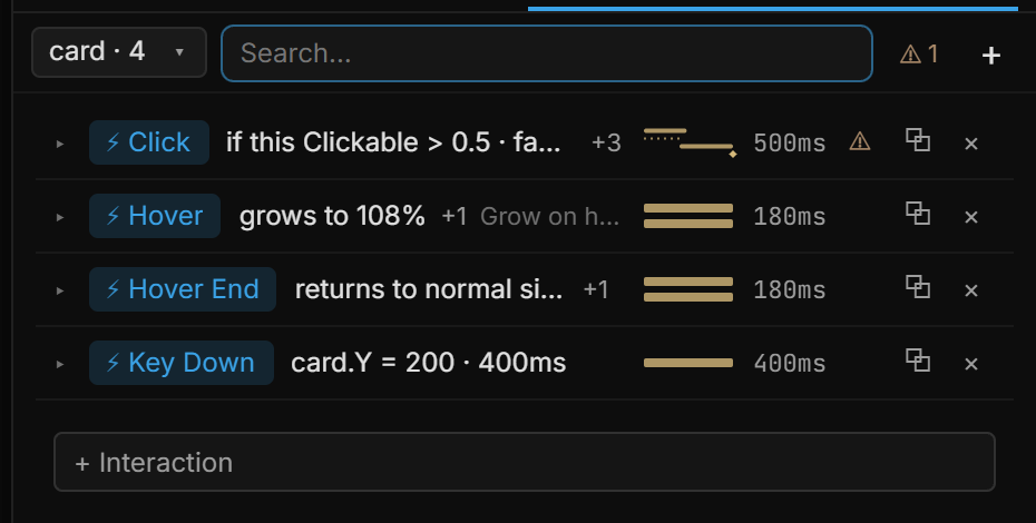 The list for the card layer: Click, Hover, Hover End and Key Down rows, each with its sentence, a small timing picture and a total duration