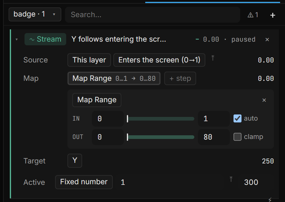 An open stream: Source (This layer · Enters the screen), Map (a Map Range step, with its In and Out bars), Target (Y), and Active