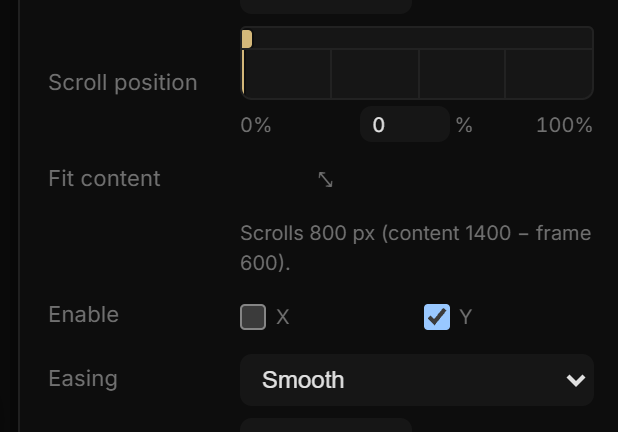 The Scroll section: a position rail, Content Size, Enable X/Y, Easing Smooth, Smooth Ms