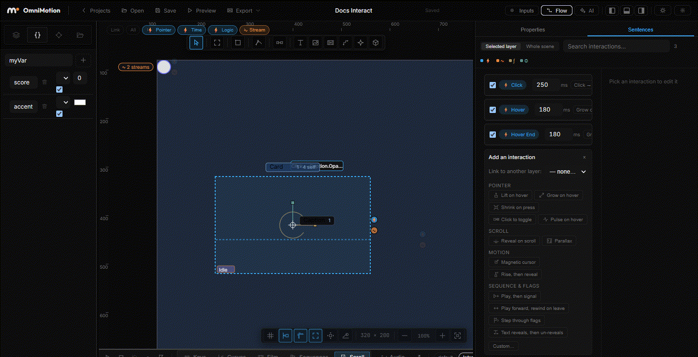Play mode: a ring-shaped layer following the pointer over a card, the system cursor hidden