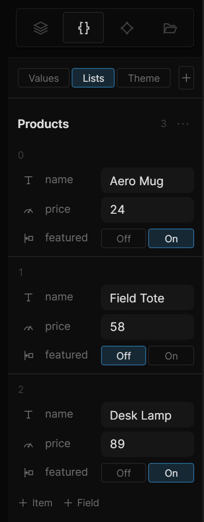 The Lists face of the Variables tab: a list called Products with its row count, the ··· options button, and two items with name, price and featured fields