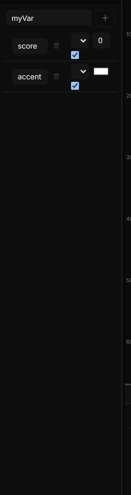 The Variables tab on Values: a Number called score and a Color called accent, each with its type icon, value and trash; score shows a Drives row