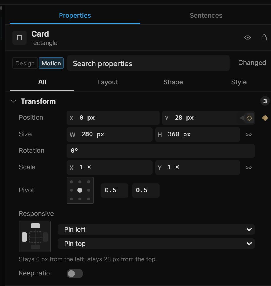 Right rail: tab strip, layer header, the Design / Motion switch, property search, the Changed filter, category tabs and the Transform section
