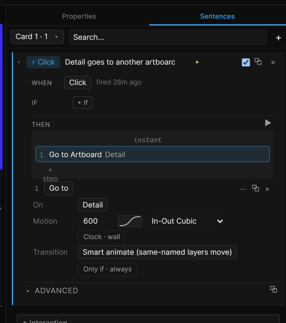 Sentences tab: the layer picker, interaction search, and one rule open — When Click, Then Go to Artboard with its Smart animate transition