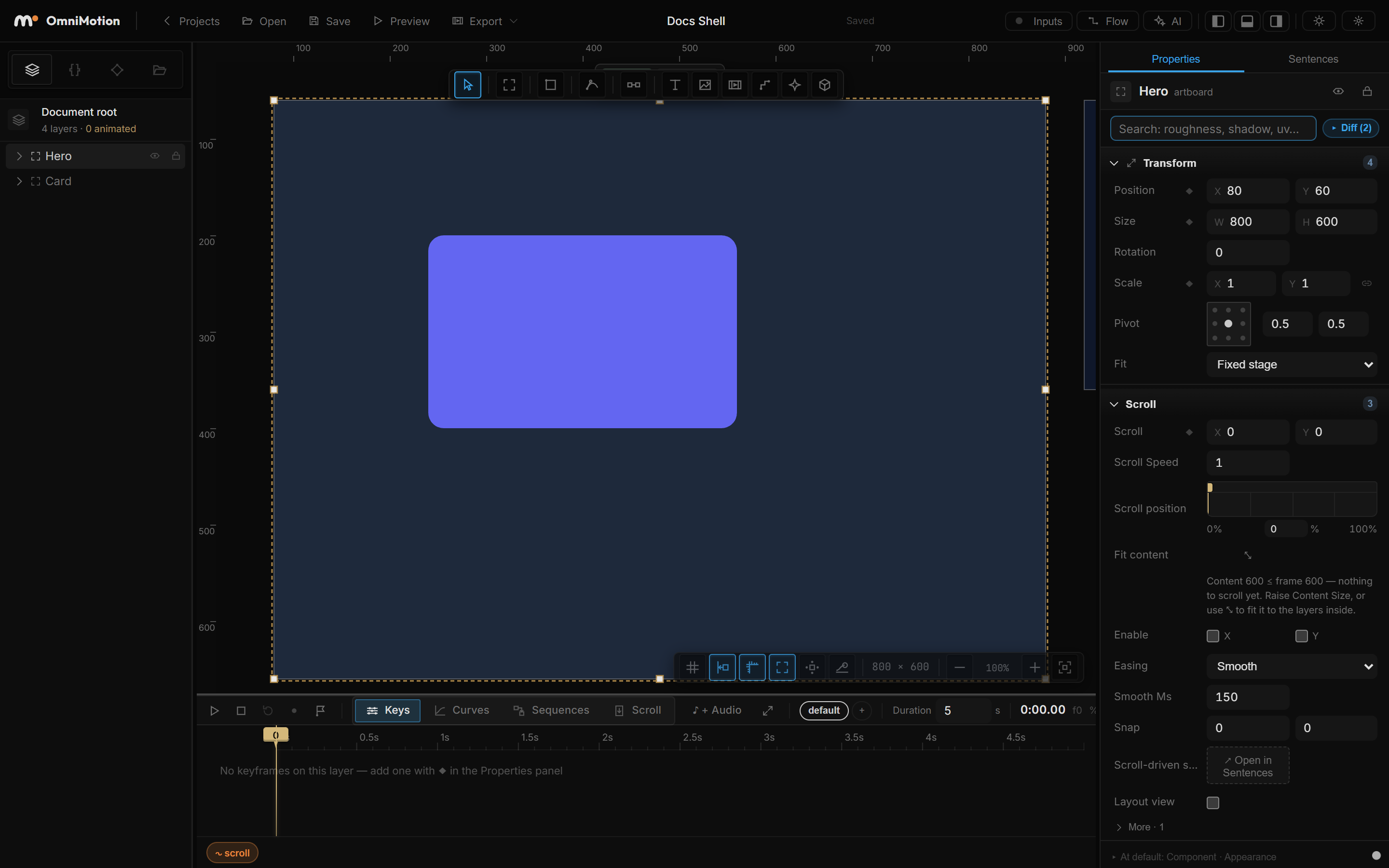 The shell with a small scene: left layer tree, canvas with the tool strip and view bar, right rail on Properties, bottom timeline dock