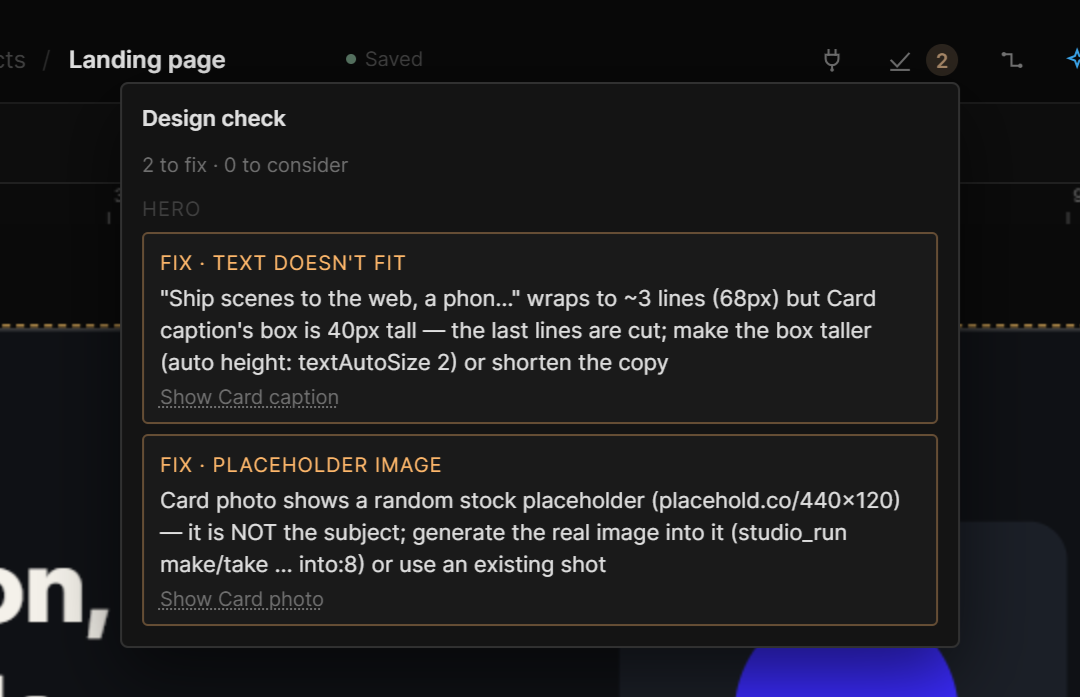 The Design check popover: "2 to fix · 3 to consider", rows grouped under each artboard, a Show link under each row