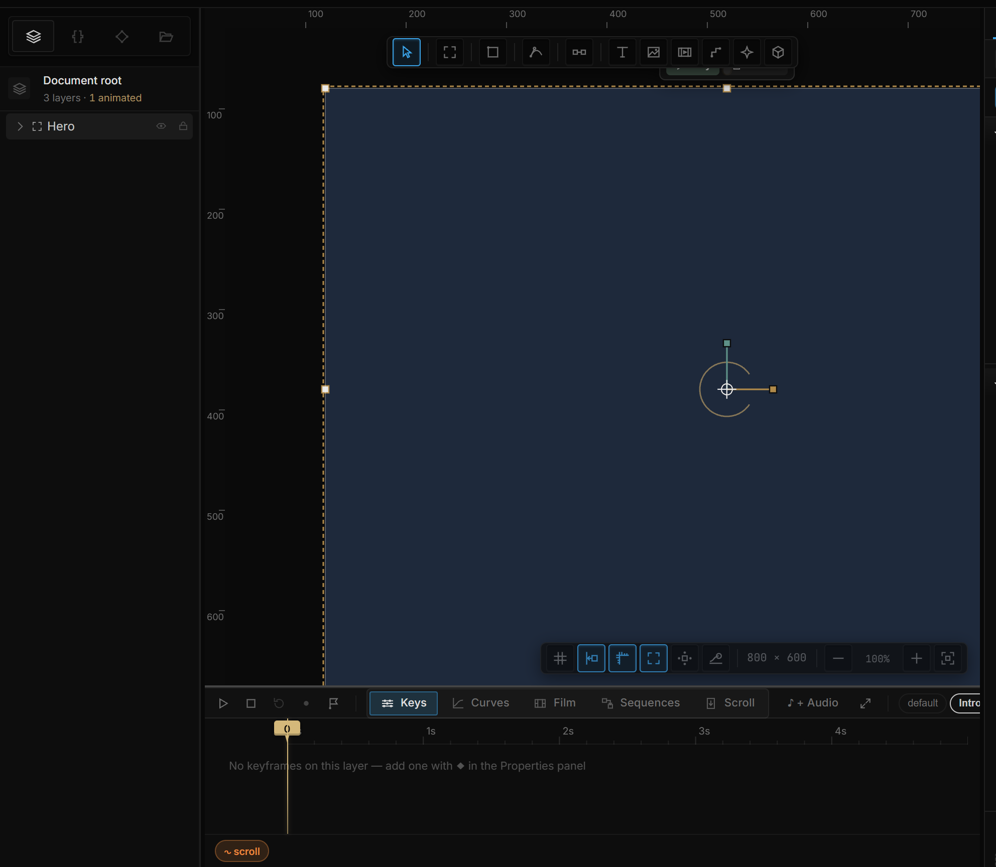 An 800×600 artboard on the canvas, renamed Hero in the layer tree