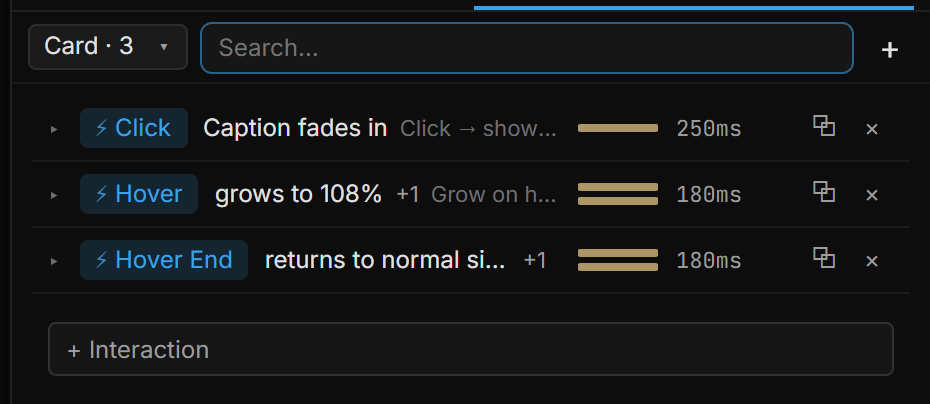 The Sentences tab listing the click rule and the two hover rules created by Grow on hover