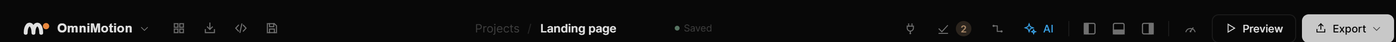 Top bar: OmniMotion menu and file icons on the left, Projects / project name and save state in the center, scene tools, panel buttons, Performance, Preview and Export on the right
