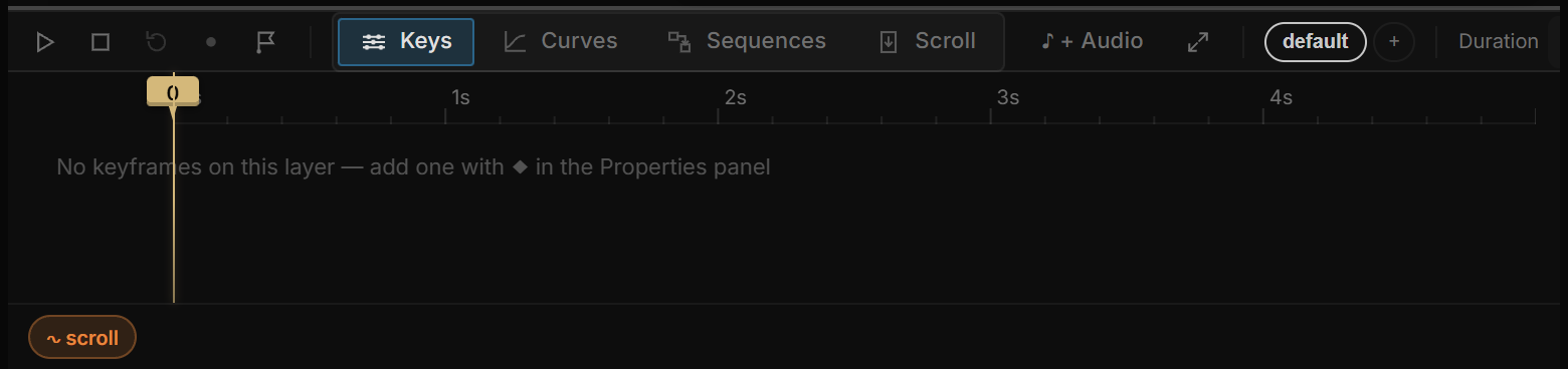 Bottom dock in Keys view: transport, sequence chip, duration, timecode readout, adaptive ruler and playhead